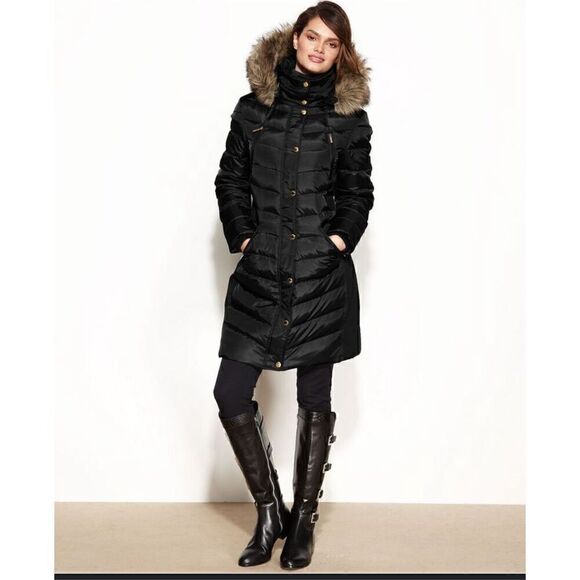 Michael Michael Kors black Down puffer foux fur trim Hooded winter coat Ps - Picture 1 of 16